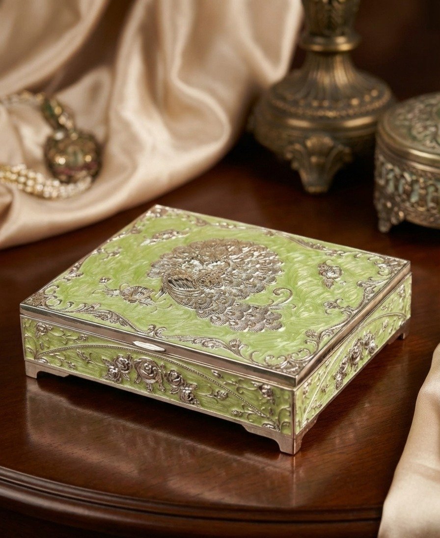 Silver Dry Fruit Box with Peacock Design