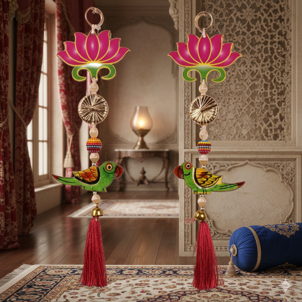 Pair Of Green Parrot Lotus Side Hanging Home Decor