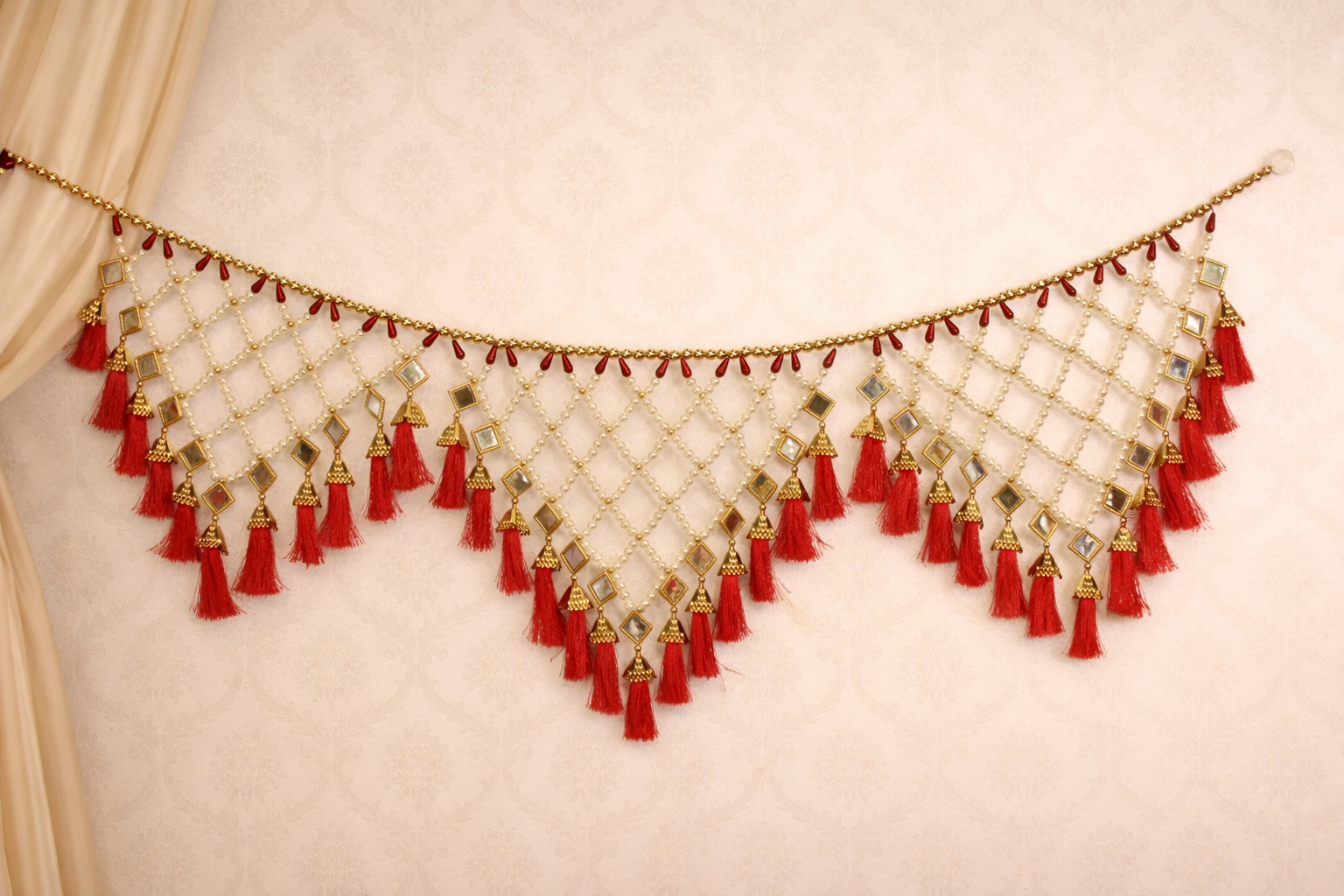 Luxury Designer Toran – Pearl Net & Red Tassel Door Decor